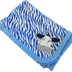 Nuby Baby Boy Blanket Blue White Zebra Animal Print Embroidered Vintage 00s